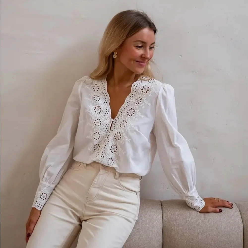 Embroidered Hollowed Out Eyelett Neckline Button Up Blouse with Balloon Sleeves - Picture 6 of 6